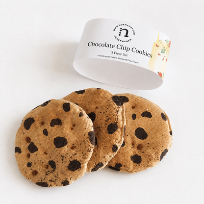 Set of 3 handmade fabric chocolate chip cookies for pretend play with paper band, made from cotton canvas.