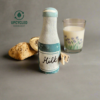 Upcycled Denim Milk Bottle – Handmade Sustainable Soft Toy (17 cm)