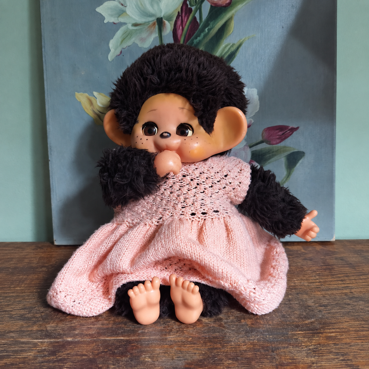 Vintage Monchhichi Doll with Sleepy Eyes & Knitted Wardrobe  - 32cm