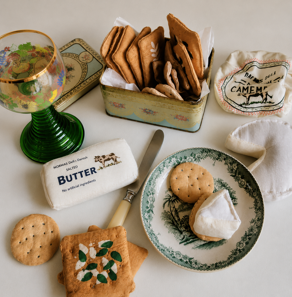 Handmade fabric cracker and camembert play food set displayed in a vintage tin and on a floral plate with a butter toy, decorative glass and butter knife. Soft textile food toys with hand-printed details photographed in natural light against a neutral background. Handmade in Denmark by normadot.