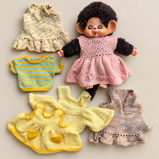 Vintage Monchhichi Doll with Sleepy Eyes & Knitted Wardrobe  - 32cm