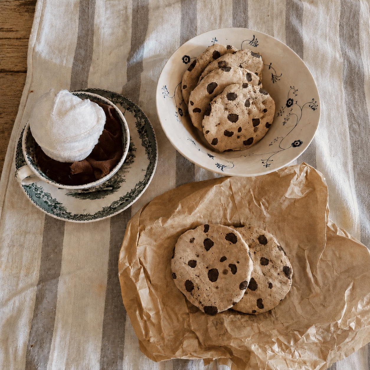 Handmade fabric chocolate chip cookies displayed with a vintage teacup, ceramic bowl and brown paper on a striped textile background.