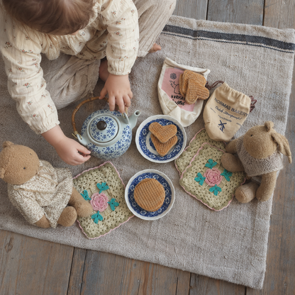 Child playing tea party with handmade Dutch stroopwafel toys, vintage teapot and teddy bears