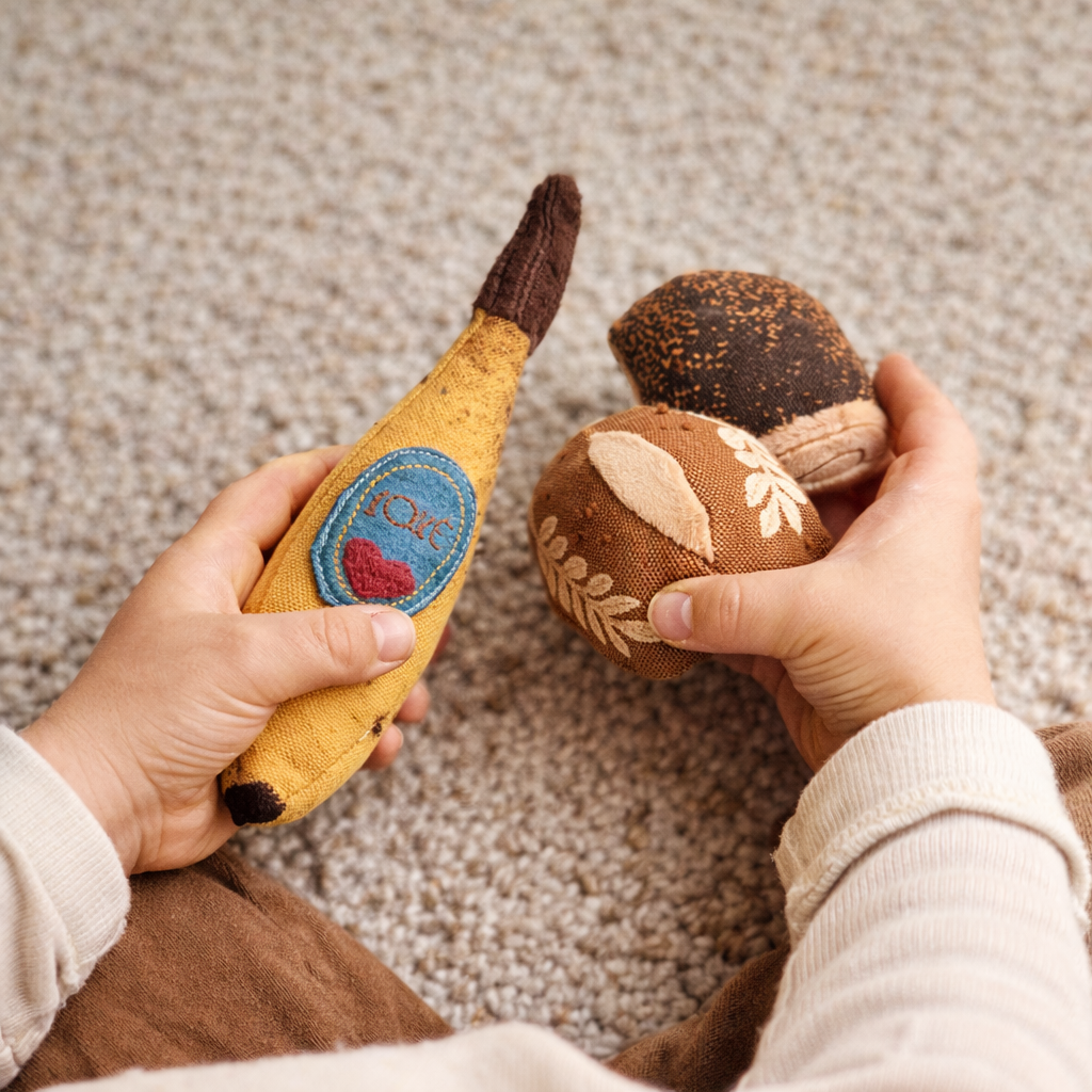 Two hands holding a yellow banana-baby rattle toy and pretend play bakery bread fabric  toys  on a textured surface.