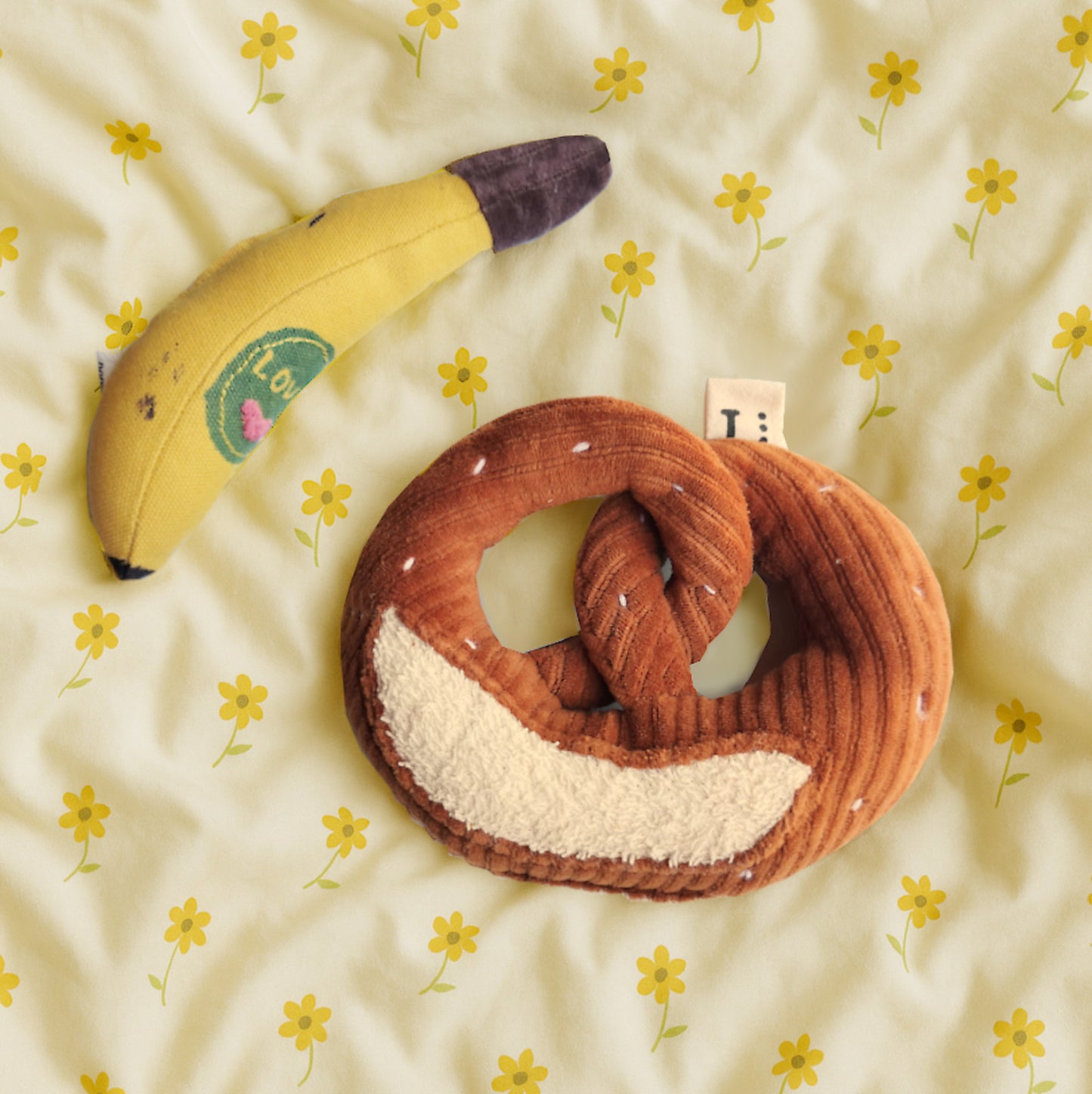 Handmade Upcycled Pretzel Baby Rattle – Embroidered Sensory Toy (0+ Months)