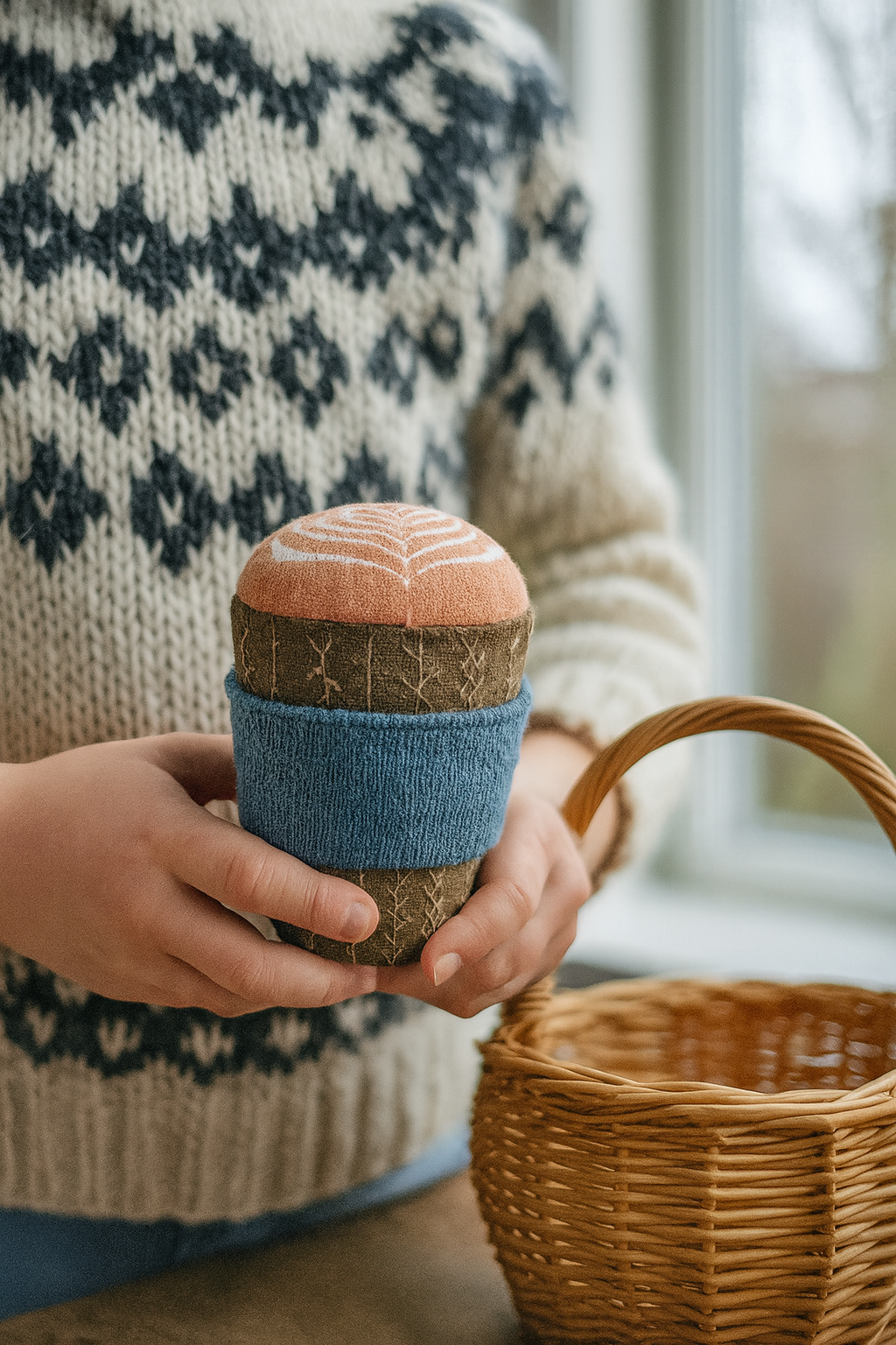 Handmade Upcycled Fabric Coffee Cup Toy – Embroidered & Handprinted