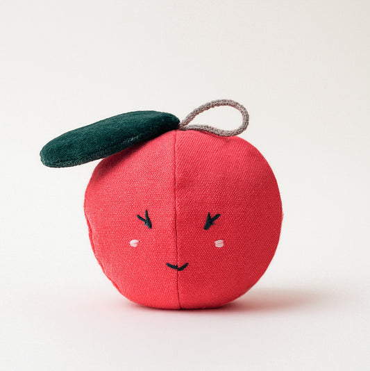 Handmade Embroidered Apple Rattle – Cotton Canvas & Velour Leaf