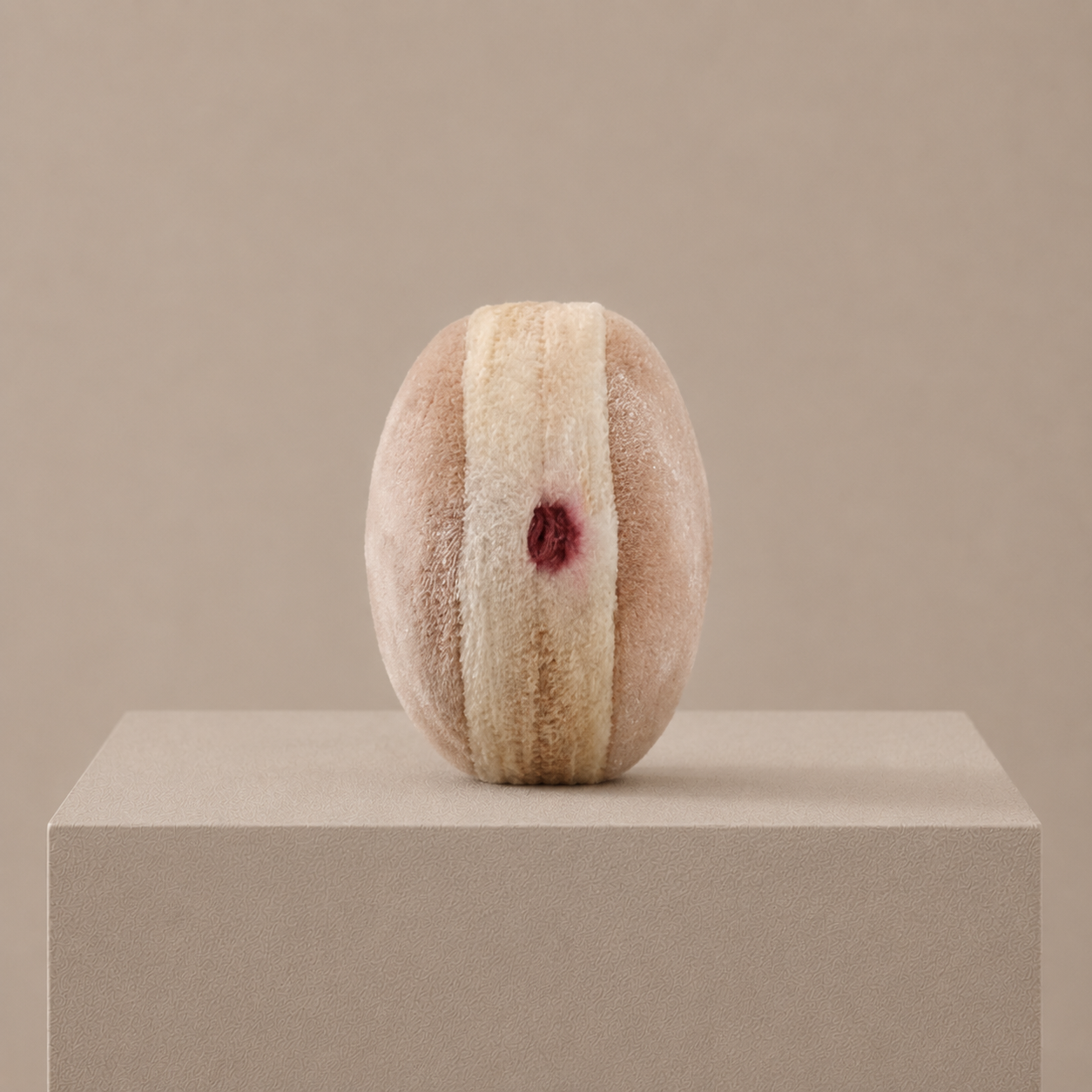 Handmade Berliner Pfannkuchen velvet play food toy displayed upright on a neutral pedestal in a soft studio setting