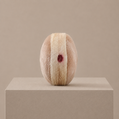 Handmade Berliner Pfannkuchen velvet play food toy displayed upright on a neutral pedestal in a soft studio setting