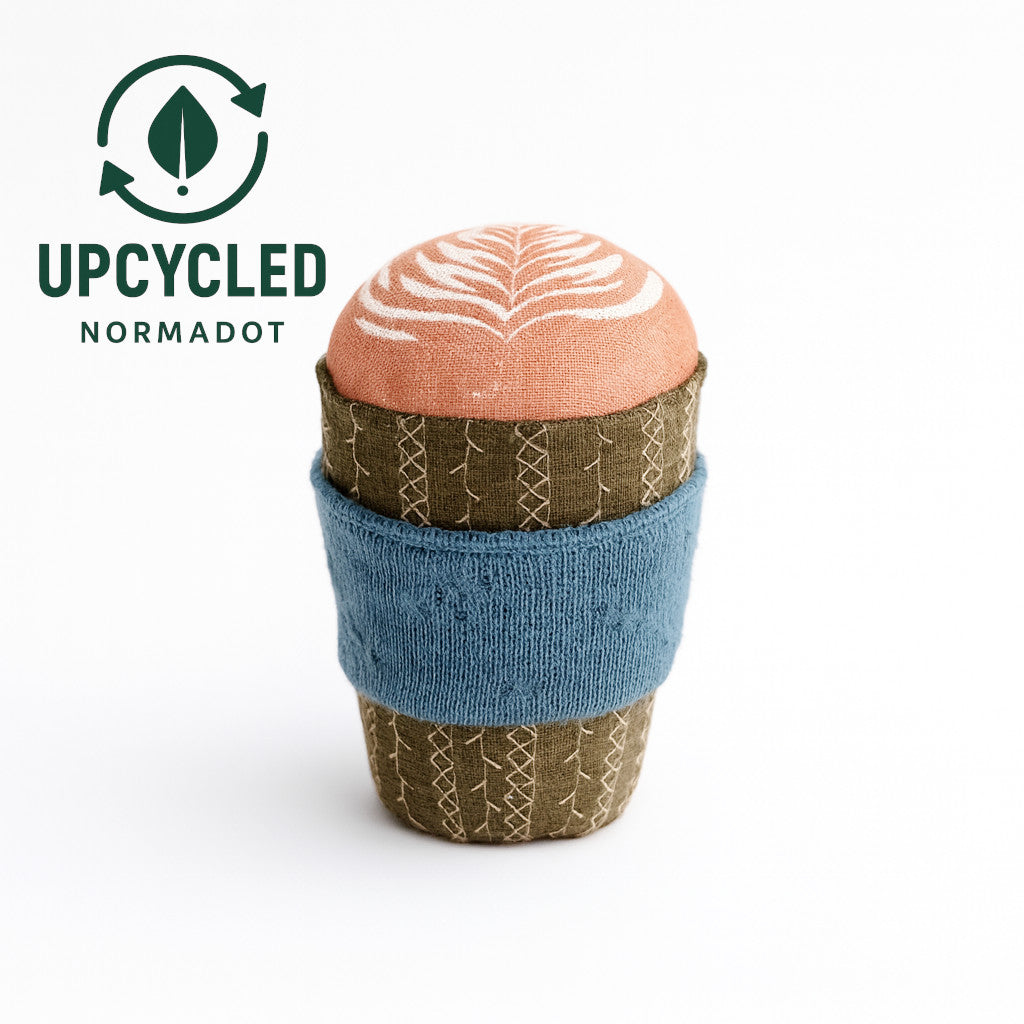 Handmade Upcycled Fabric Coffee Cup Toy – Embroidered & Handprinted