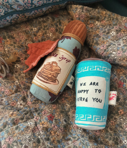 Handmade Maple Syrup Bottle Rattle – Hand-Printed & Embroidered in Cotton