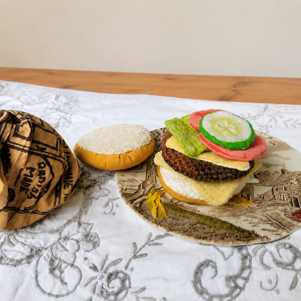 Handmade Upcycled Burger Play Food Set with Storage Bag
