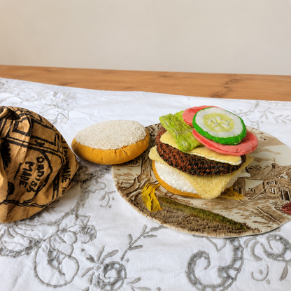 Handmade Upcycled Burger Play Food Set with Storage Bag