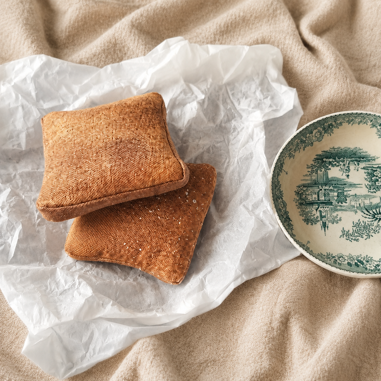 Two handmade textile French toast play food pieces beside a vintage plate
