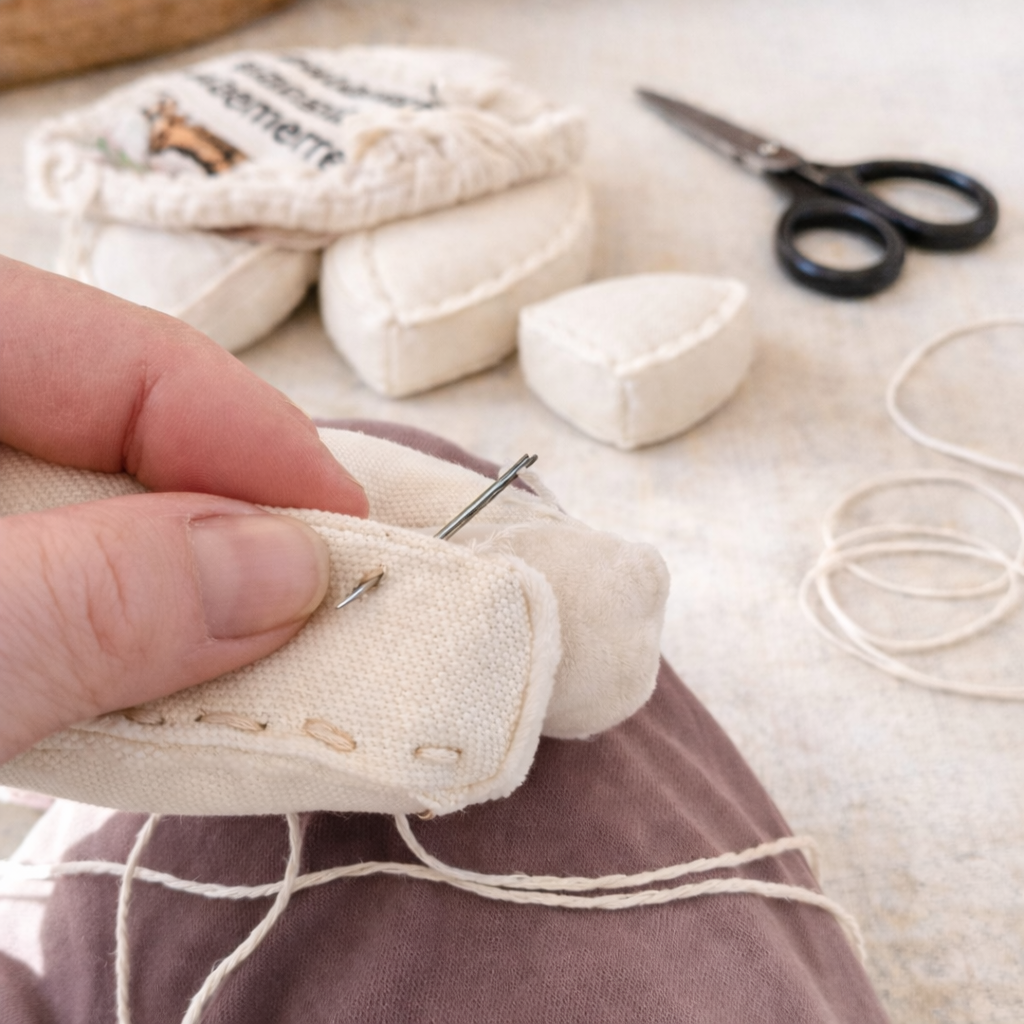 Hand sewing a handmade fabric Camembert cheese toy, showing the small batch production process in the normadot studio