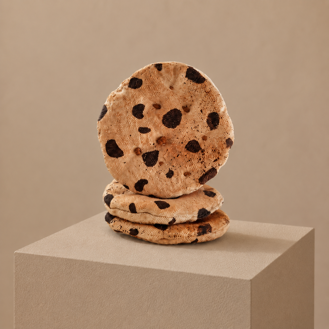 Set of 3handmade fabric chocolate chip cookies for children's pretend play.
