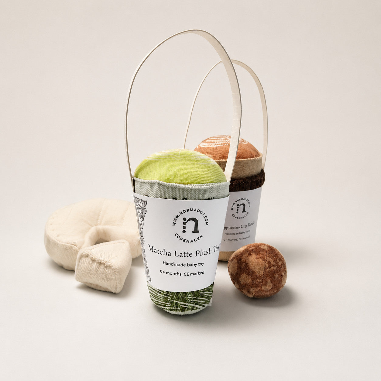 Handmade textile matcha latte plush toy with soft fabric cup, cookie and cheese play food pieces, hand-printed and sewn in Denmark for pretend café play.