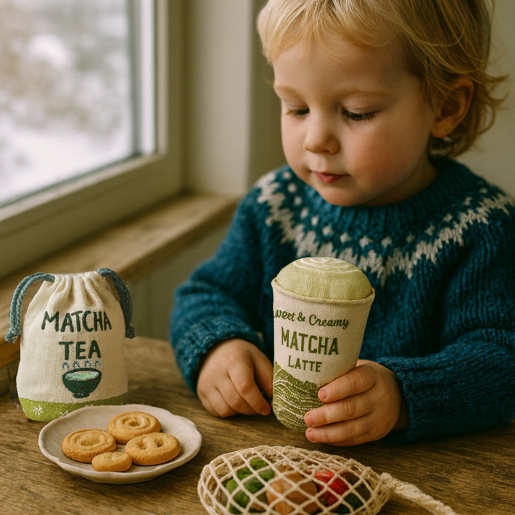 Handmade Matcha Tea Bag Pretend Play Set – 3 pcs with Cotton Storage Bag