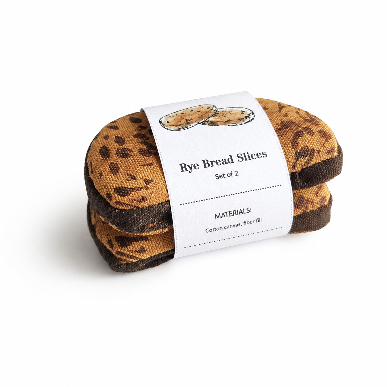 Packaged handmade fabric Danish rye bread slices toy food with a paper label on a clean white studio background.