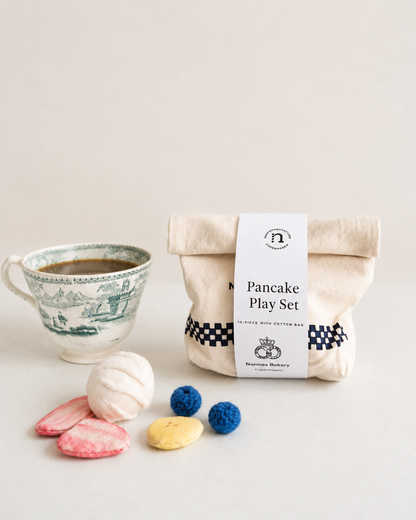 Handmade pancake play food set with soft fabric pancakes, cotton bag, toy cup, whipped cream and fruit toppings for pretend play kitchens