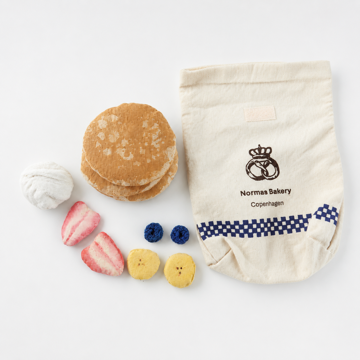 Handmade pancake play food set with soft fabric pancakes, cotton bakery bag, whipped cream and fruit toppings for pretend play kitchens