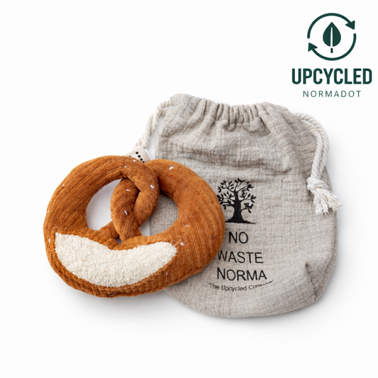 Handmade Upcycled Pretzel Baby Rattle – Embroidered Sensory Toy (0+ Months)