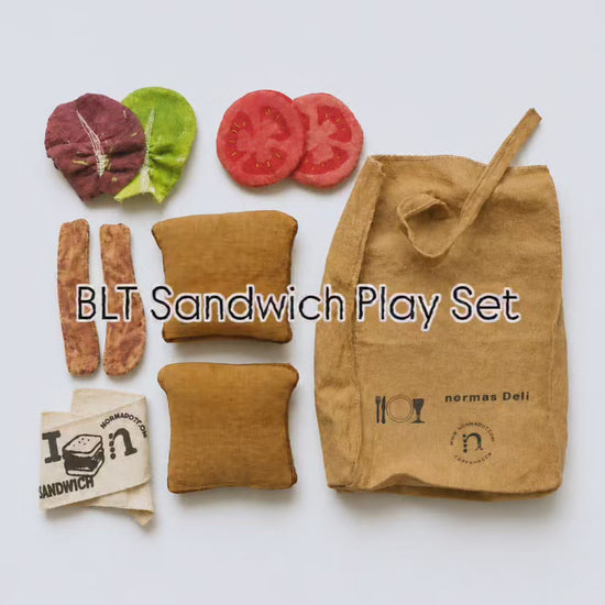 Handmade BLT sandwich play food set with soft fabric toast, bacon, lettuce, tomato, cotton deli bag and wrap label for pretend play kitchens