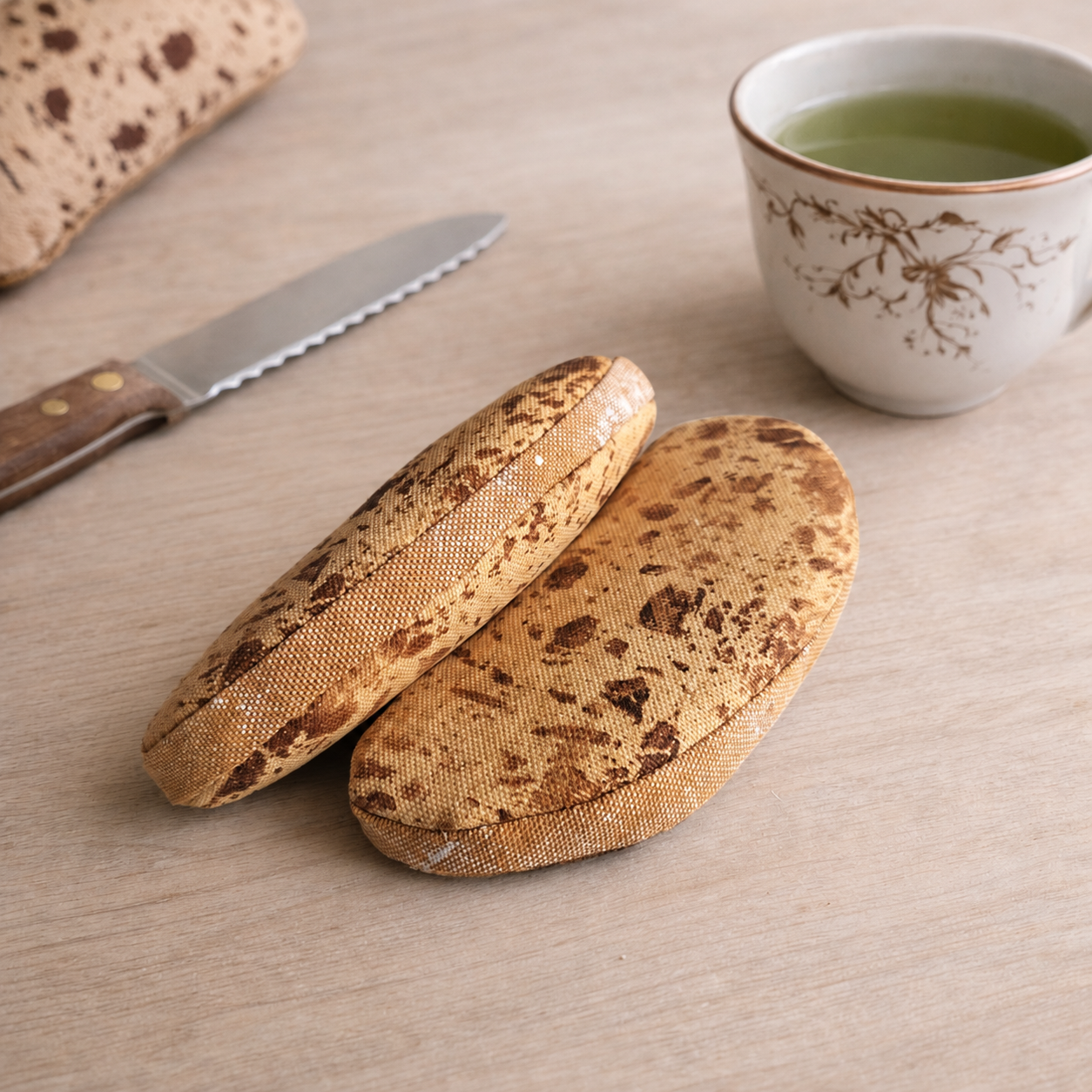 Sourdough bread play food  with knife and cup of green tea on wooden surface