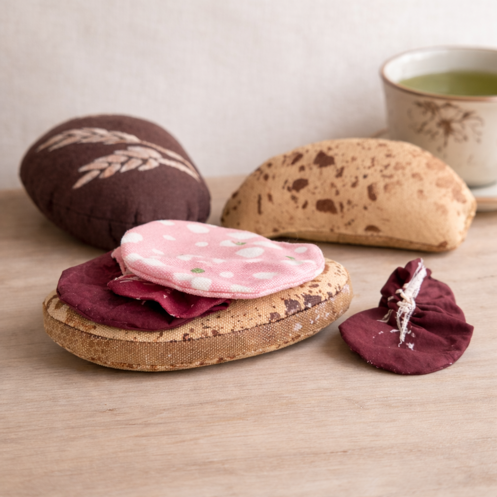 Set of fabric bread slices on a wooden surface with a cup of tea in the background.