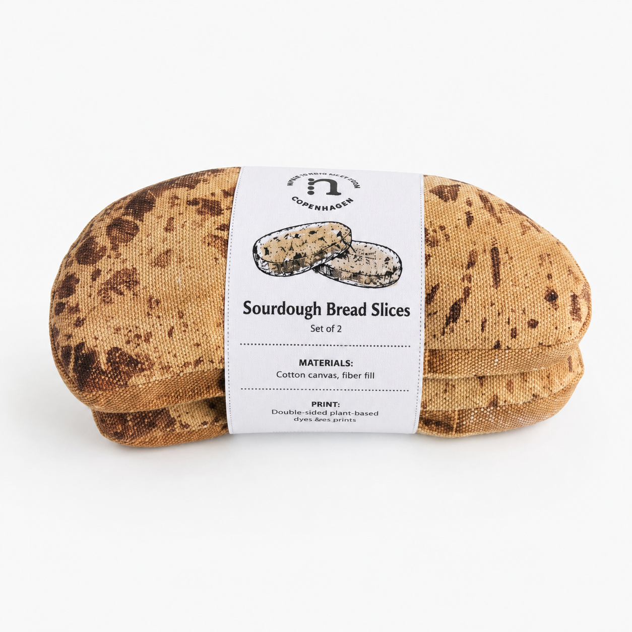 Handmade textile sourdough bread slices toy set of 2 with paper label on a white background