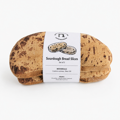 Handmade textile sourdough bread slices toy set of 2 with paper label on a white background