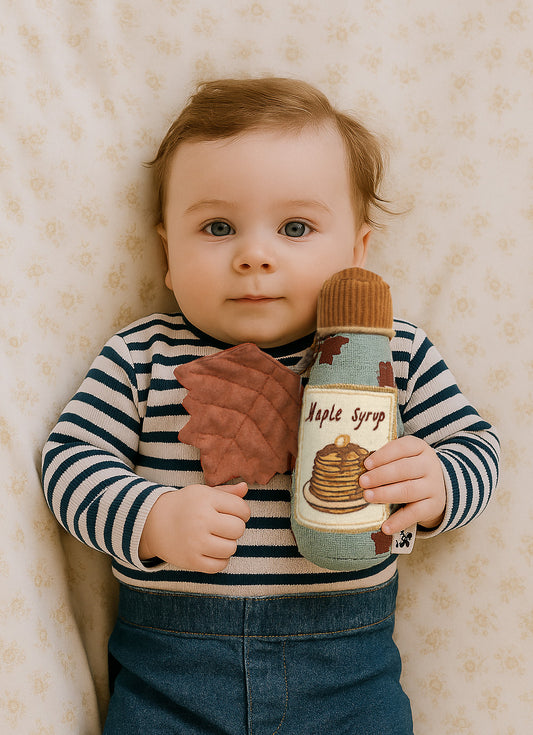 Handmade Maple Syrup Bottle Rattle – Hand-Printed & Embroidered in Cotton