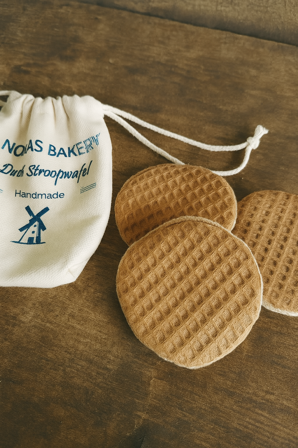 Three stroopwafels on a wooden surface with a drawstring bag labeled 'Noas Bakery' in the background.